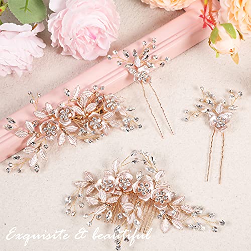 4 Pieces Bridal Rose Gold Hair Accessories Set for Weddings & Bridesmaids
