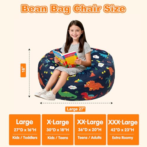 Dinosaur Bean Bag Chair for Kids & Teens - Large 27 Inch Floor Lounger with Memory Foam & Washable Velvet Cover Variation of Dinosaur / Large
