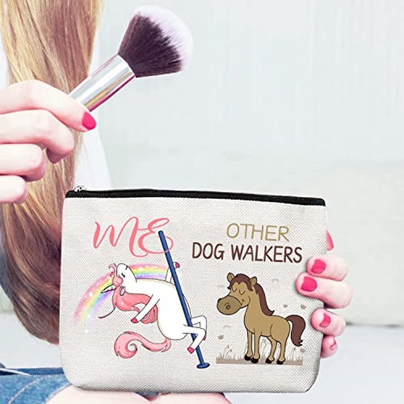 BoomBoomGifts Dog Walker Gifts for Women: White, Silver Animal Print Waterproof Linen Makeup Bag & Mirror