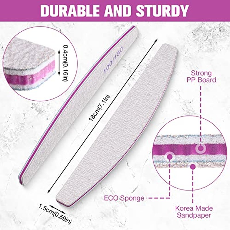 150 Pcs 100/180 Grits Nail Files Bulk Doubled Sided Emery Boards Reusable Curved Coarse Nail Buffers Manicure Tools for Acrylic Natural Toenails Home and Salon Use