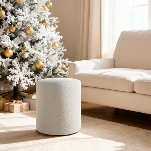 White Modern Round Ottoman with Padded Seat - Multifunctional Vanity & Footrest Stool