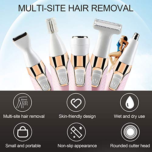 USB Rechargeable Electric Epilator, 5 in 1 Painless Body Remover, Female Hair Removal Machine, with Multifunctional Shaving Head for Legs Underarms Bikini and Full Body