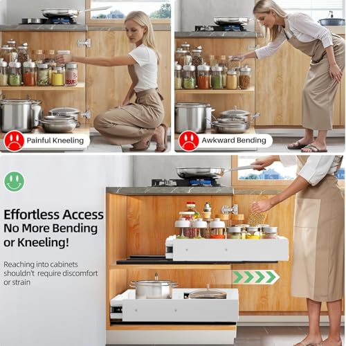 Adjustable 2 Pack Expandable Pull Out Cabinet Organizer for Kitchen & Pantry - White (12-19" W, 16.5-22" D)