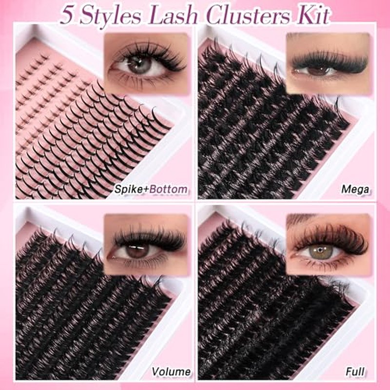 5 Styles Lash Clusters Kit, Mega/Volume/Full/Spike/Bottom Lashes Set, with Lash Bond&Seal, Remover, Tweezers & Tools, DIY Eyelash Extensions for Beginners & Pros, At-Home Salon Look
