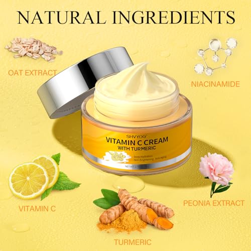 SHVYOG Vitamin C Face Moisturizer, Turmeric Face Cream, Anti-aging Hydration Skin Firming & Brightening Cream for Dark Spots, Wrinkles, Uneven Skin Tone, Vitamin C Lotion for Instant Glow, 1.76 OZ
