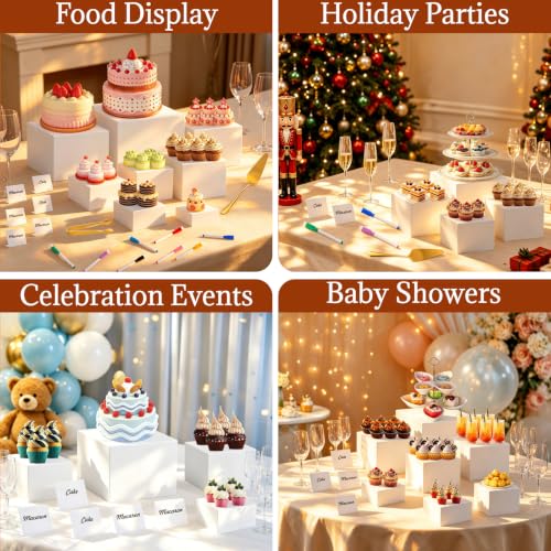 Cherizia 10-Piece White Acrylic Buffet Risers Set with Mini Sign Tongs & Cake Cutter - 3 to 10 Inch Variations