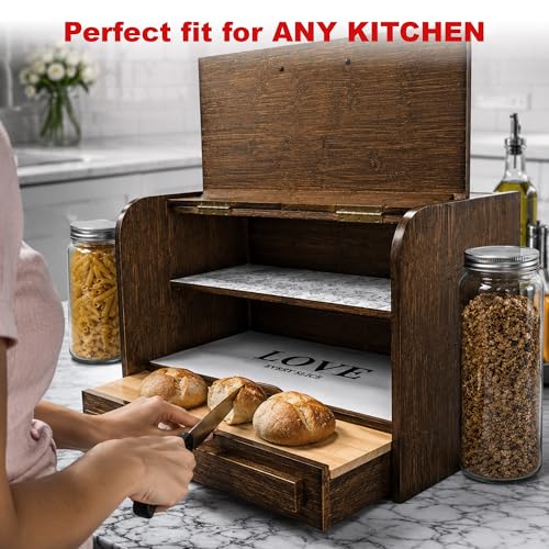 Brown Rustic Bread Box - Fully Assembled Large Wooden Kitchen Storage, Double Layer Design