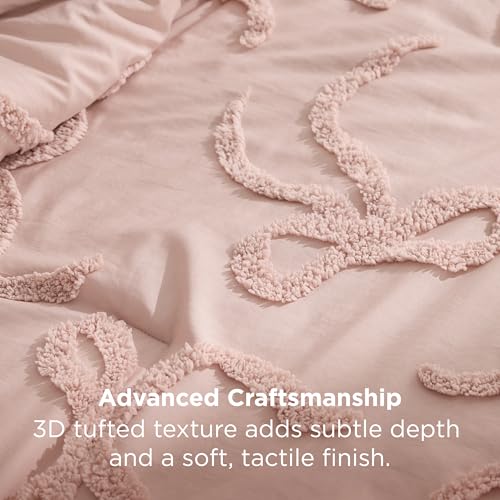 Full Size Pink Comforter Set with Bow Embroidery – 3 Pieces Tufted Rose Pink Bedding