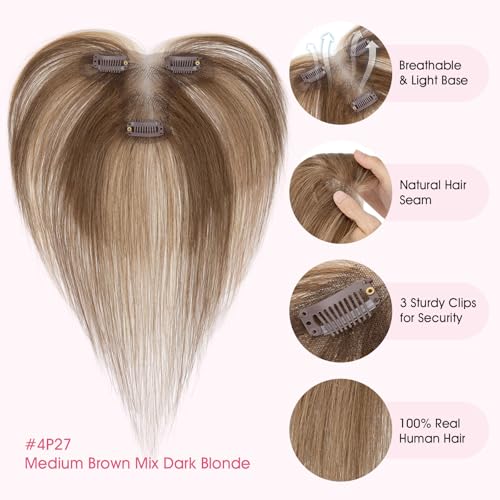 Human Hair Toppers with Bangs - 11 Inch Mocha Brown Mix Medium Blonde - Natural Look