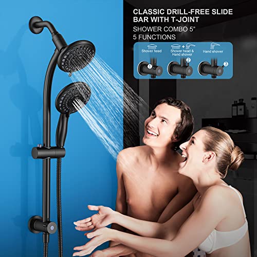 Black Handheld Showerhead & Rain Shower Combo with 27.5-Inch Steel Slide Bar, 5-Setting 5-Foot Hose
