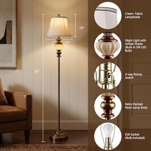 PARTPHONER Brown 65-Inch Vintage Floor Lamp with Nightlight & Fabric Shade