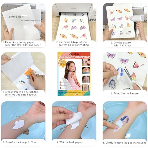 Jecqbor A4 8.5x11 Temporary Tattoo Paper Set for Inkjet Printers - 30 Sheets