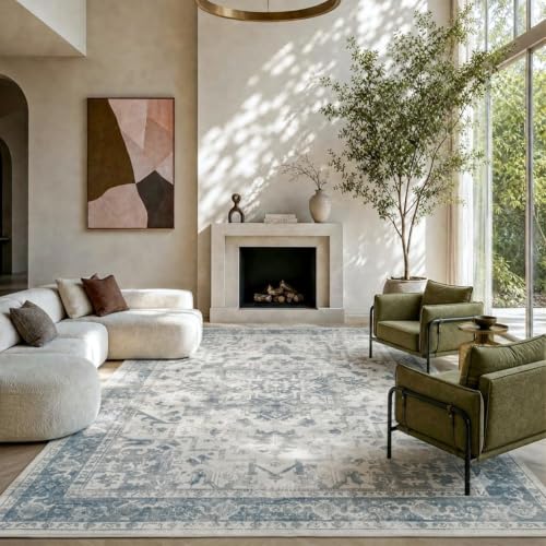 Washable 6x9 Boho Vintage Area Rug - Light Blue & Grey, Non-Slip, Low-Pile