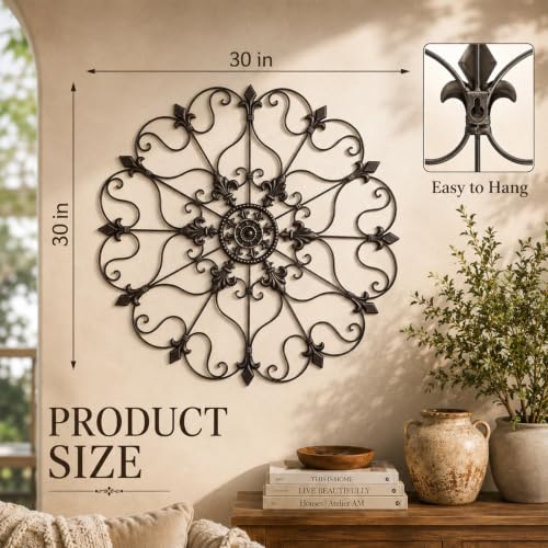 30-Inch Wrought Iron Wall Art with Vintage Fleur-de-Lis Scroll Design