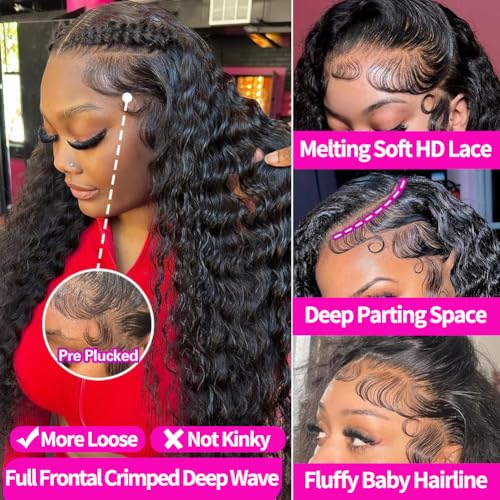 20 Inch Deep Wave Lace Front Human Hair Wig 220% Density Black for Women