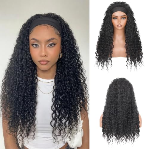 PREMPO Black 1B Curly Headband Wig 20 Inch Glueless Water Wave Synthetic Hair