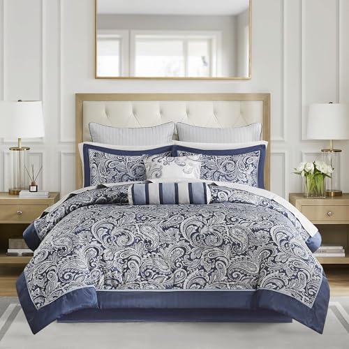 Navy Jacquard Comforter Set with Cotton Sheets - 12 Piece Queen, Variation of Navy Biab