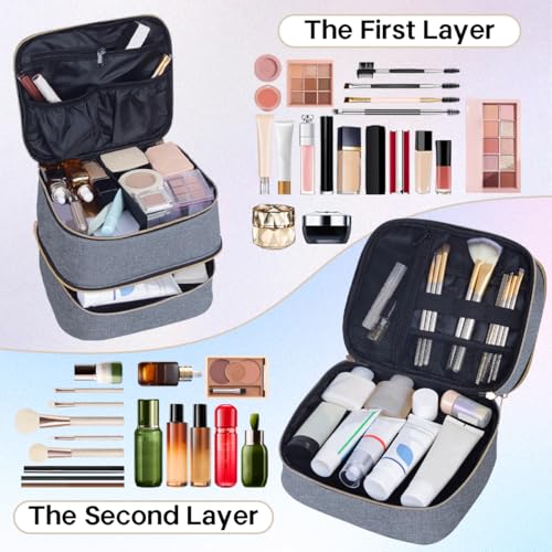Double Layer Makeup Bag with Adjustable Dividers - Gray Gold, Travel Cosmetic Organizer