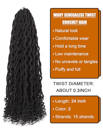 8 Packs Senegalese Twist Crochet Hair - 24 Inch Kinky Synthetic Braids with Curly Ends, Pre Looped for Black Women - Variation of 2 / 24 Inch