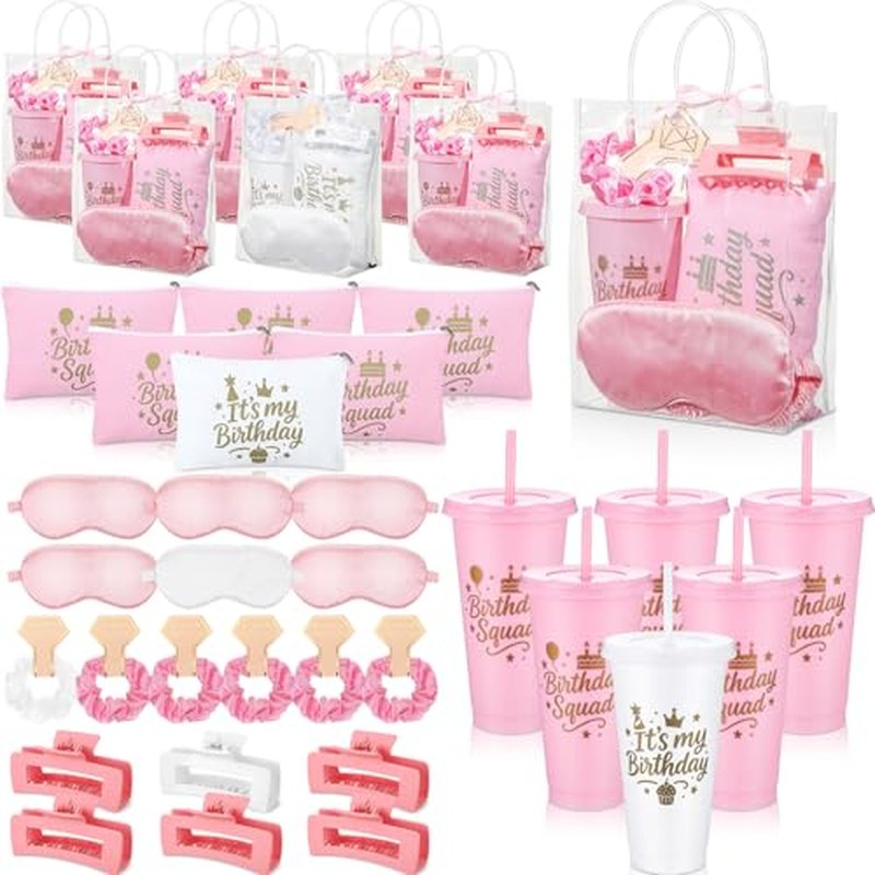 6 Sets Birthday Squad Party Favors for Women Birthday Squad Cups Tumblers with Lids Straws Makeup Bags Satin Eye Masks Hair Clips Hair Scrunchies for Spa Sleepover Accessories(Pink White)