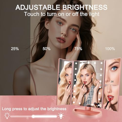 Flymiro Rose Gold Tri-Fold Lighted Makeup Mirror with 3x/2x Magnification, Touch Screen LEDs, 180° Rotation, Portable Vanity for Women & Teens