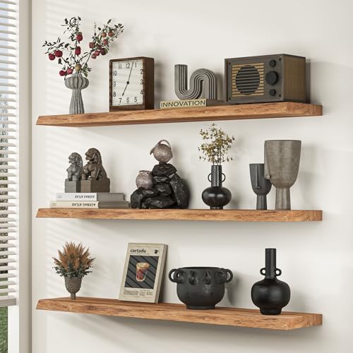 Floating Shelves Set of 2 - Natural Elm Live Edge Wall Shelves, 8-inch Deep, 24-inch Length