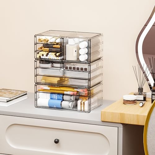 Yieach 3 Pack Clear Storage Drawers With 10 Drawers,Stackable 11.1¡± Large Acrylic Drawer Organizer and Makeup Organizer For Vanity,Bathroom Countertop,Cabinet,Pantry,Office Supply Storage Bins Drawers