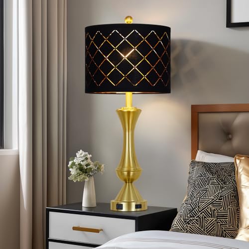 Luxeflow 29-Inch Gold Modern Touch Table Lamps Set of 2 - Dimmable Nightstand Lamps with USB-C + A Outlets, Brass Finish, 4 Variation