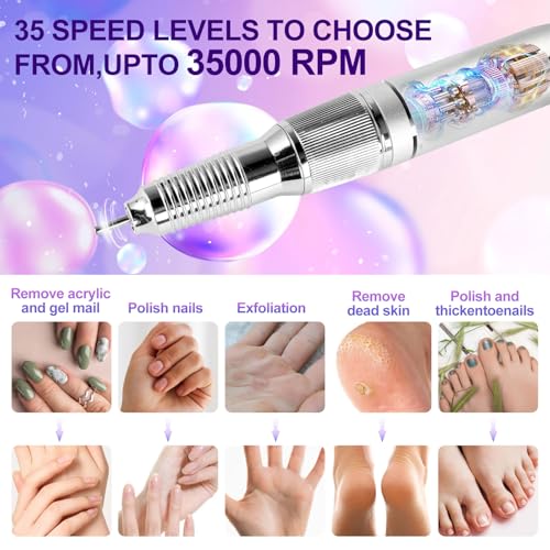 LIMEGIRL Electric File Nail Drill Professional 35000RPM Purple Nail File with Rechargeable Base & Bits Nail Drill Bit Nail Files and Buffers for Acrylic Nail Remove Nail Tech Must Haves for Salon Home