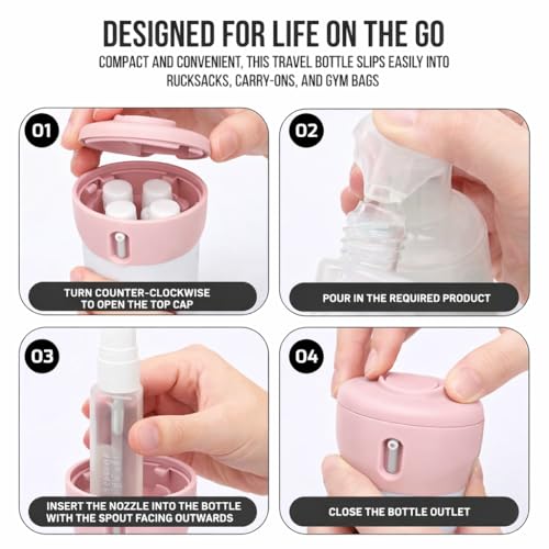 Travigo 4-in-1 Travel Dispenser Bottle, TSA Approved, Leak Proof, Four Reusable 1.4 oz. (40 mL) Toiletry Containers for Shampoo, Conditioner, Soap, Lotion, Skincare (Pink)