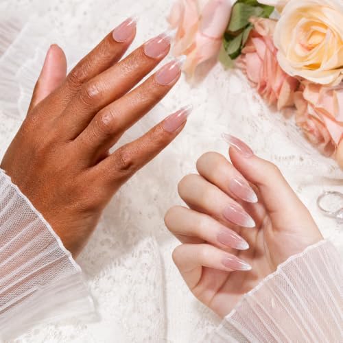 Opal Glow Press On Nails Kit - Medium Almond Cat Eye French Tip Nude Pink Shimmer, Reusable Salon Quality with UV Gel, 32 Pieces