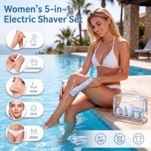 Blue 5-in-1 Women's Electric Bikini Trimmer & Shaver Waterproof Cordless