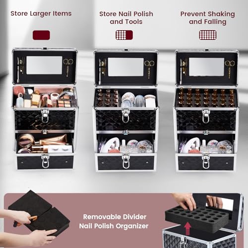 Frenessa Nail Polish Makeup Train Case with Drawer and Dividers Manicure Organizer Accessory Storage Makeup Box With Mirror Lockable Keys Nail Kit Organizer Cosmetic Case Jewelry Box - Black