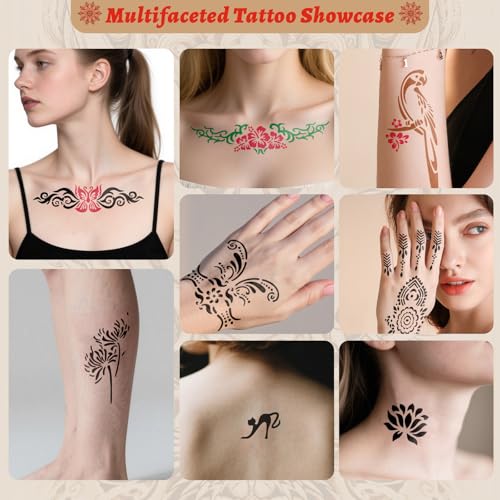 Kids & Adults Temporary Tattoo Kit with 8 Colors, Stencils & Ink - Waterproof & Safe
