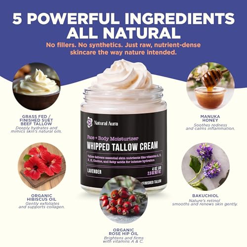 Lavender Whipped Beef Tallow Moisturizer for Face and Body - 4oz Natural Balm for Dry Sensitive Skin