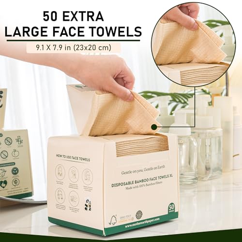 MOTHER EARTH Bamboo Face Towels XL - Hypoallergenic and Disposable Face Wipes | Dry Makeup Removers | Made from Bamboo Viscose | Extra Soft for Sensitive Skin (50 Towels)