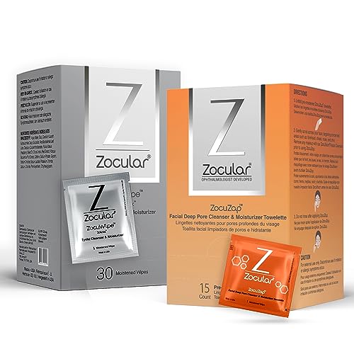 Zocular Zocuwipe Eyelid Wipes Eyelid Cleanser and Moisturizer Pads 30ct + Zocular ZocuZap Facial Wipes, 15 Count Bundle