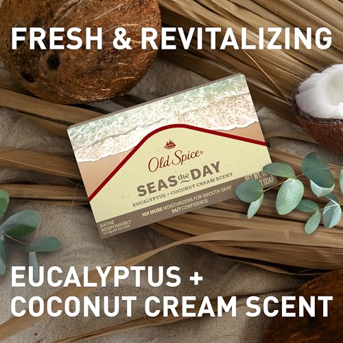 Old Spice Men's Bar Soap, Seas The Day Eucalyptus and Coconut Cream Scent, 10x More Moisturizers for Smooth Skin with Mild Exfoliators & Plant Based Cleansers, 5.0 oz