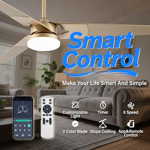52 Inch Gold Ceiling Fan with Lights and Remote - Reversible Low Profile Fan