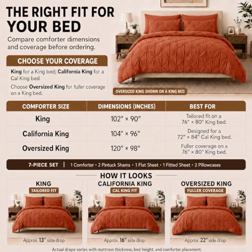 HIMEET King Size Burnt Orange Comforter Set 7 Pieces Pintuck Bed in a Bag