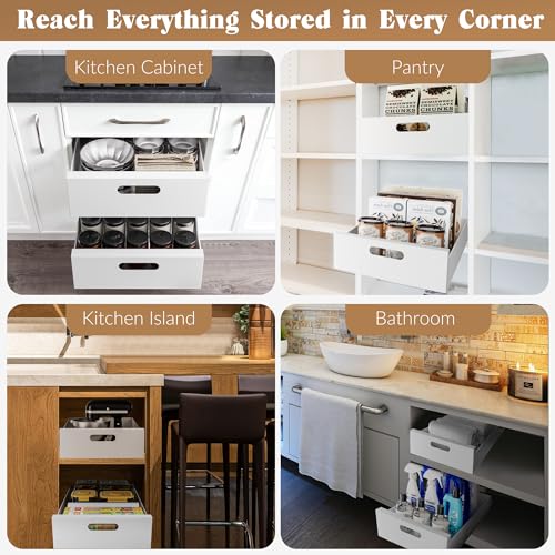 White 21-Inch Deep Pull Out Cabinet Organizer with Adhesive - 10-Inch Wide Steel Drawers, for Frameless Cabinets - 2 Pack
