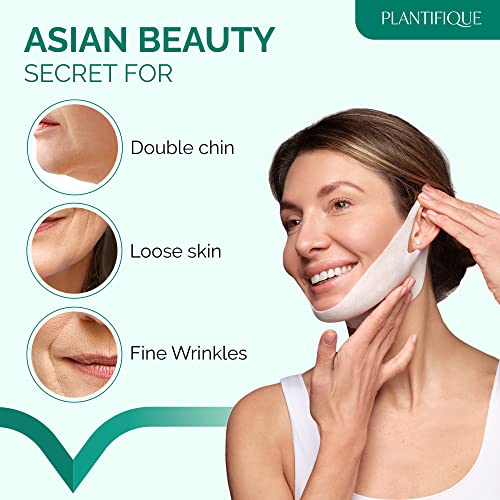 PLANTIFIQUE Gua Sha Facial Tools - Massage Tool - Jawline Sculptor and V-Line Collagen Mask for Face 5 PCS, Chin Strap for Women & Men, V Line Lifting Mask with Collagen