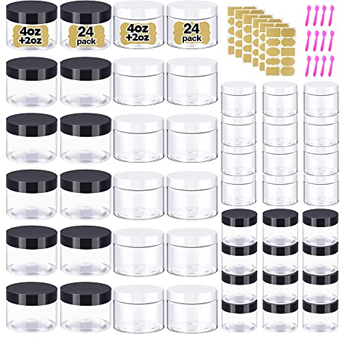 4 oz + 2oz Black & White Lids Small Plastic Containers with Lids (Set of 48) Plastic Jars with Lids Cosmetic Jar - for Lip Scrub, Cream, Slime, Craft Storage