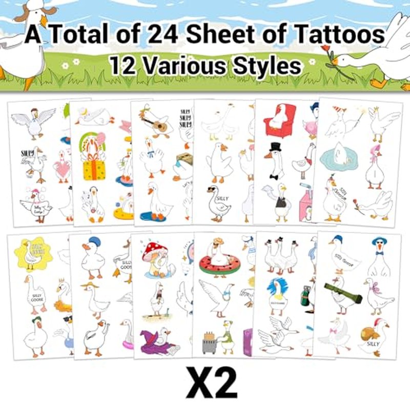 144 PCS Silly Goose Temporary Tattoos Stickers, Funny Silly Goose Party Favors Supplies Birthday Party Decorations Gifts, 24 Sheets