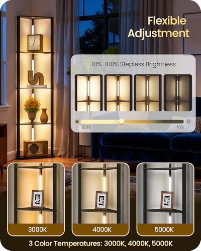 GOEBLESON 63.4" Corner Floor Lamp with Shelves & Dimmable LED Light - Black Triangle