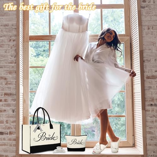Bride Gift Set Tote Bag Cosmetic Bag Robe Slippers Hair Clip for Wedding Day - Variation of Tote Bag + Cosmetic Bag + Robe + Clip + Slippers