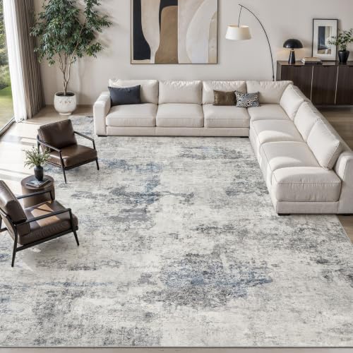 7x9 Washable Area Rug for Living Room - Abstract Modern Indoor Carpet - Grey Blue