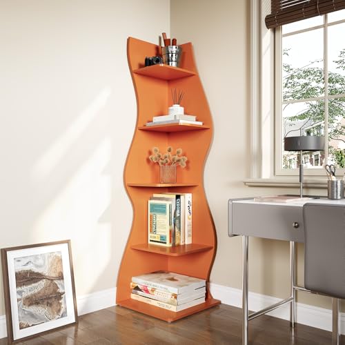 LITTLE TREE Small Corner Shelf - 5-Tier Wall Wavy Bookshelf in Orange, Space-Saving Modern Design