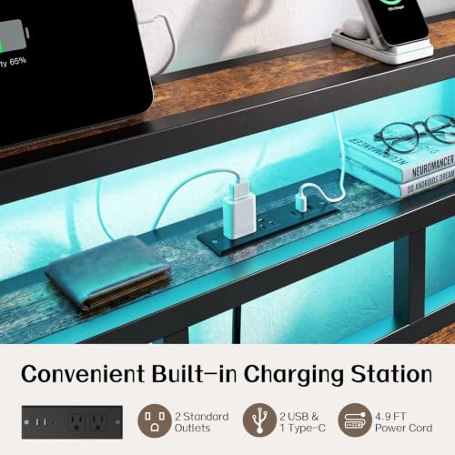Vintage Brown Twin Bed Frame with Charging Station & LED Lights
