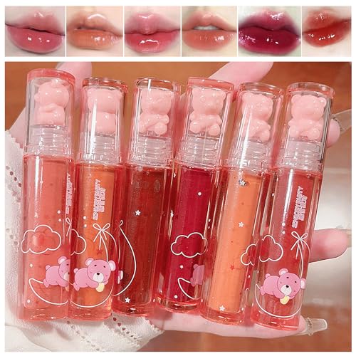6 Colors Bear Lip Gloss,Jelly Lip Glaze,Cute Liquid Lipstick Bear Lip Stain Watery Lipgloss Plumping Lip Tint Moisturizing Waterproof Long Lasting for Lip and Cheek